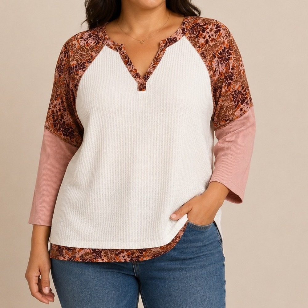 CATO Waffle Knit Floral Colorblock Top L Mixed Media 3/4-Raglan Boho Cottagecore